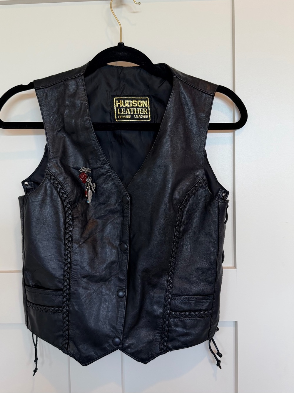 Hudson Leather Black Braided Leather Vest Side Ties Sturgis Pin